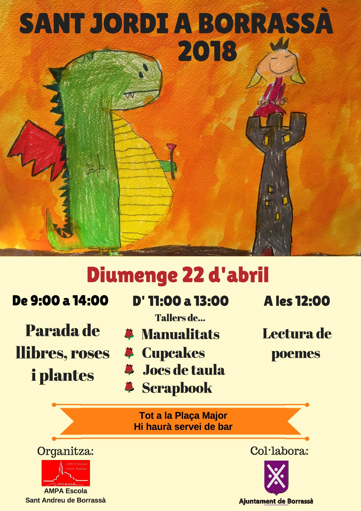 L'AMPA de l'escola Sant Andreu organitza les activitats per celebrar Sant Jordi, una diada que tindrà lloc el diumenge 22 d'abril. Hi haurà parada de llibres, roses i plantes; tallers de manualitats, "cupcakes", jocs de taula i "scrapbook"; i una lectura de poemes.